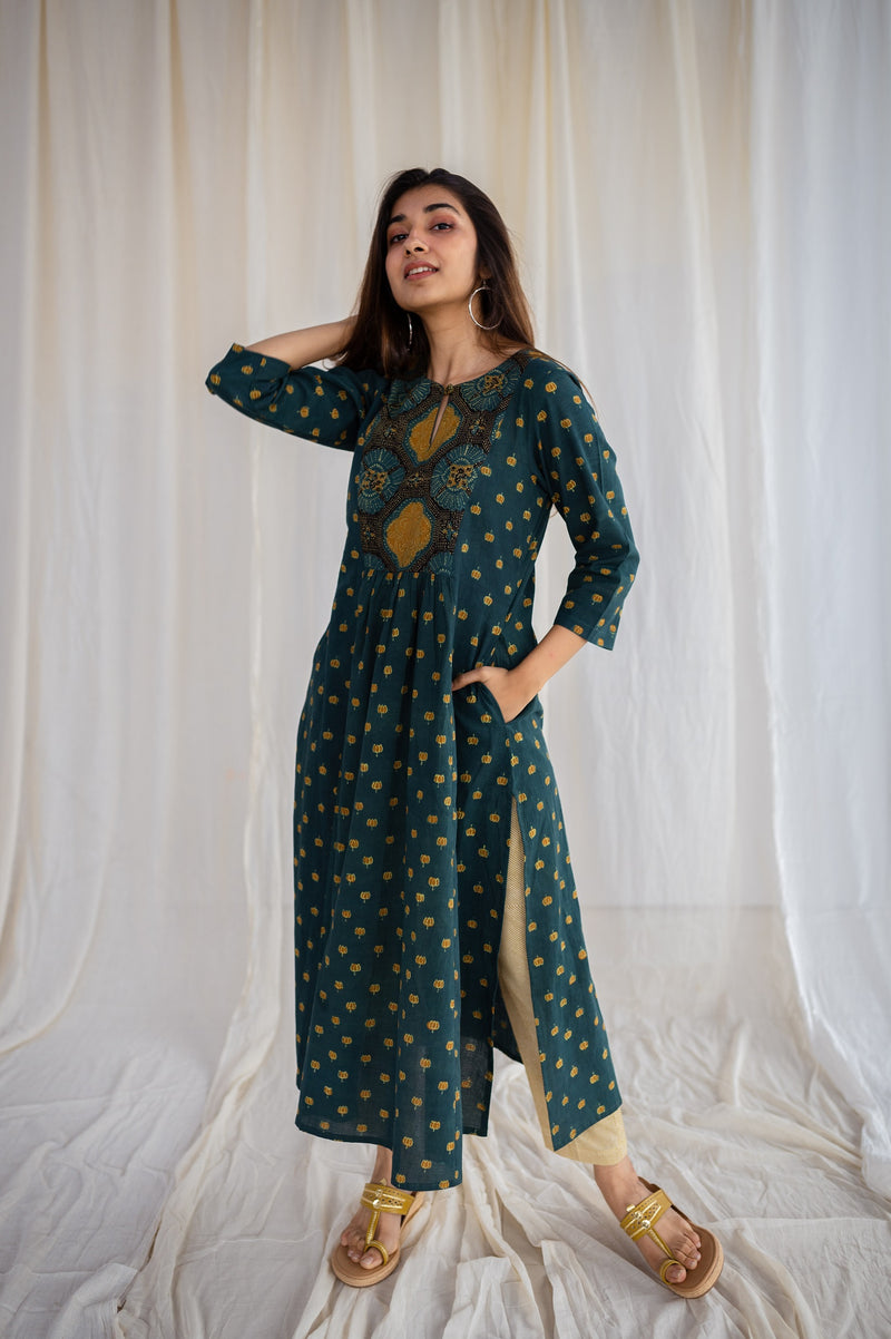 Turquoise Cotton Anarkali Kurta With Floral Print at Soch